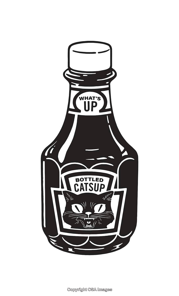 Black And White Illustration of a Whimsical Catsup Bottle Design