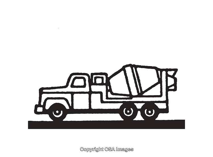 Black and White Line Illustration of a Cement Mixer Truck