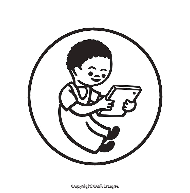 Black and White Illustration of a Child Using a Tablet Device