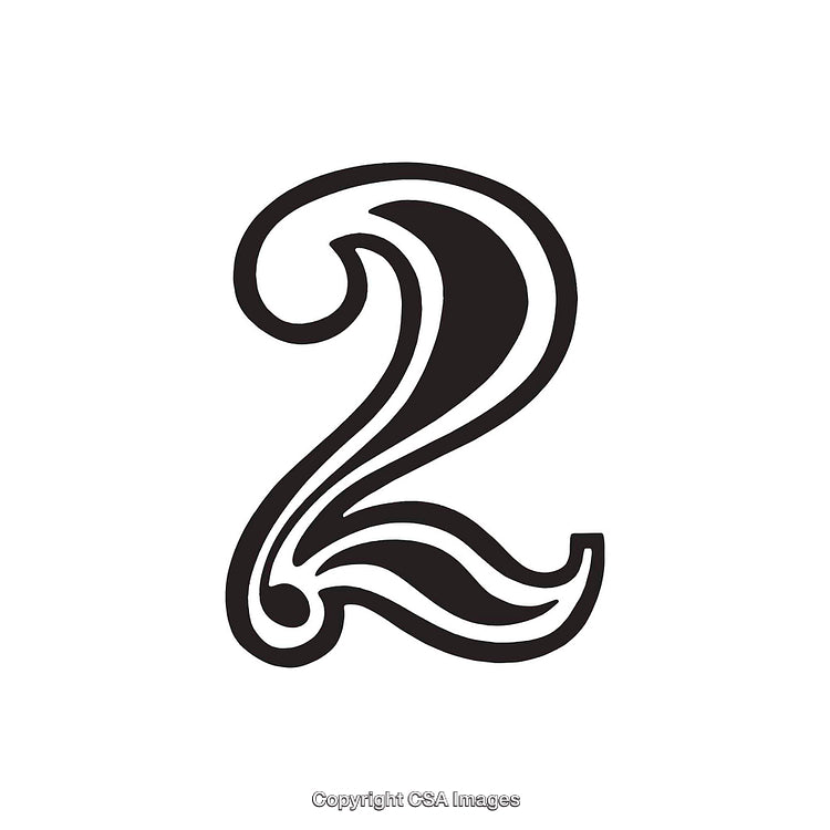 Artistic Ornate Black Number Two with Decorative Swirls on White Background