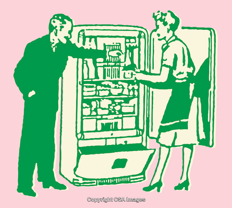 Retro Illustration of Couple Inspecting Refrigerator Contents in Line Art Style