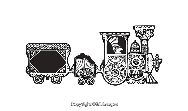 Ornate Black and White Steam Train Line Art Illustration