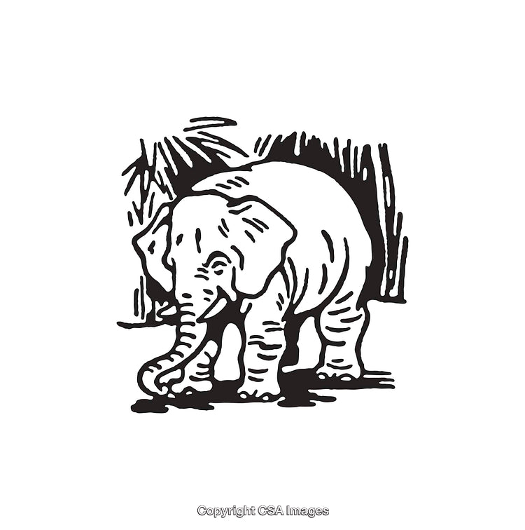 Detailed Black and White Line Art of Elephant Amidst Jungle Setting