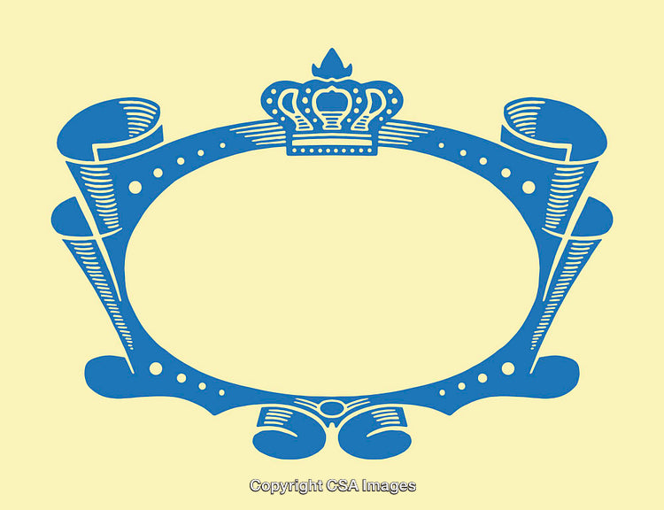 Blue Decorative Frame with Crown and Elegant Scroll Design