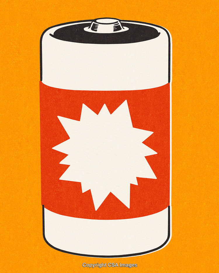 Retro Styled Battery Illustration on Orange Background Highlighting Energy and Power