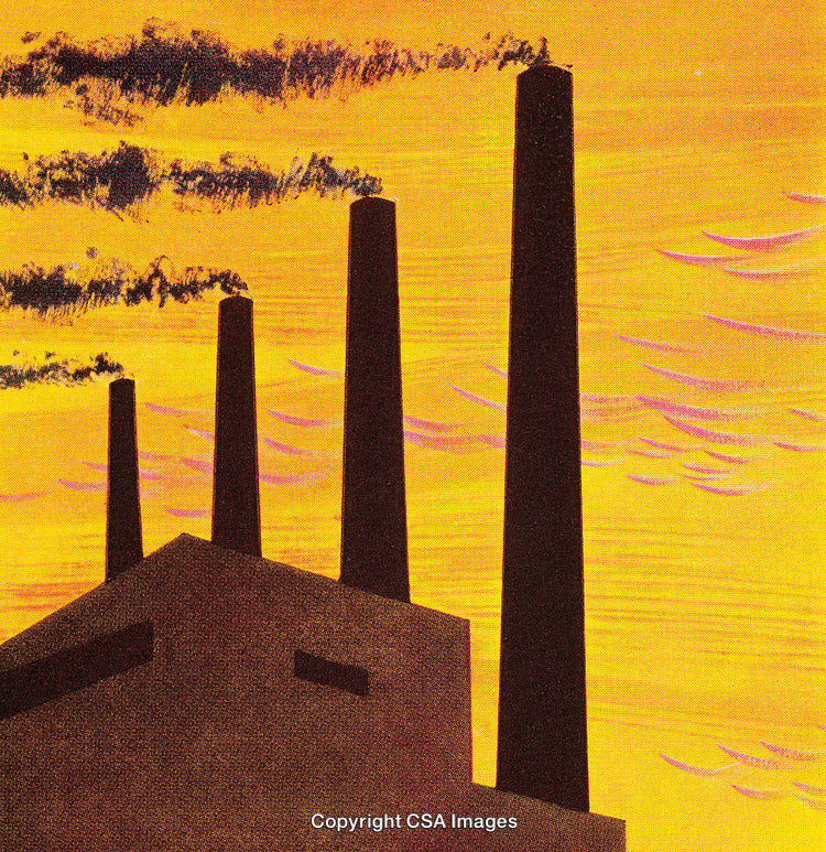 Industrial Silhouettes with Smokestacks Against a Vibrant Orange Sunset
