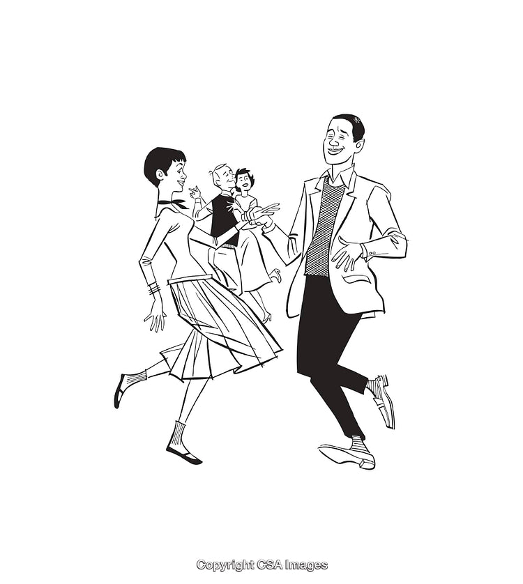 Retro-Styled Illustration of Couples Energetically Dancing in Line Art Style