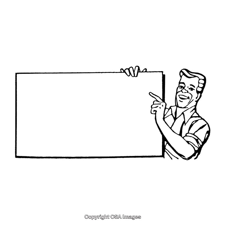 Retro Styled Man Presenting a Blank Signboard with a Charming Gesture