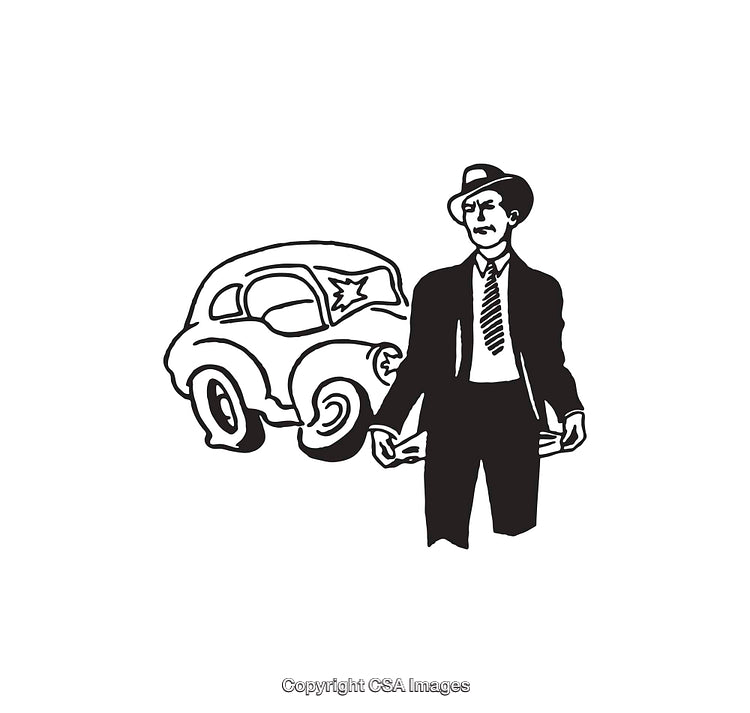 Black and White Illustration of a Broke Man with Damaged Car