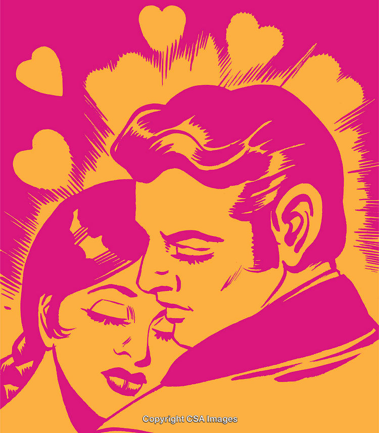Romantic Pop Art Couple in Vibrant Colors with Hearts Background
