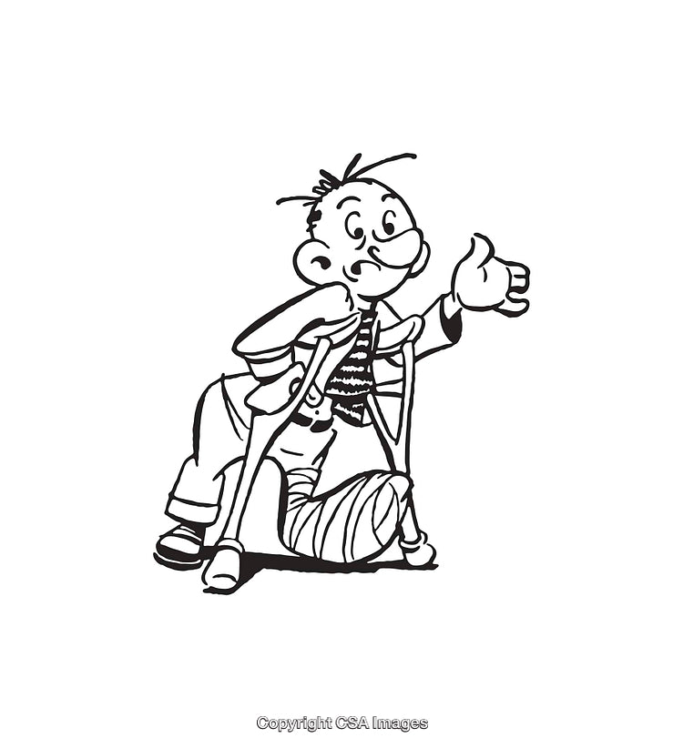 Black and White Cartoon Illustration of Injured Boy with Crutches