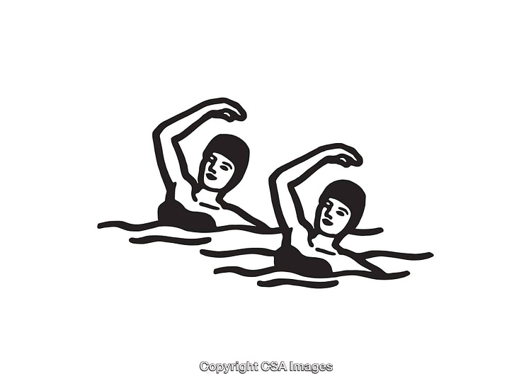 Illustration of Two Synchronized Swimmers in Black and White Line Art