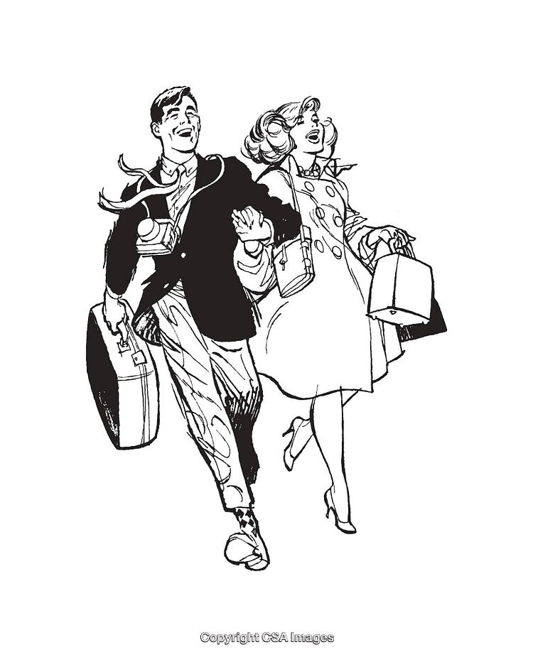 Retro Line Art Couple Carrying Luggage in Joyful Mood
