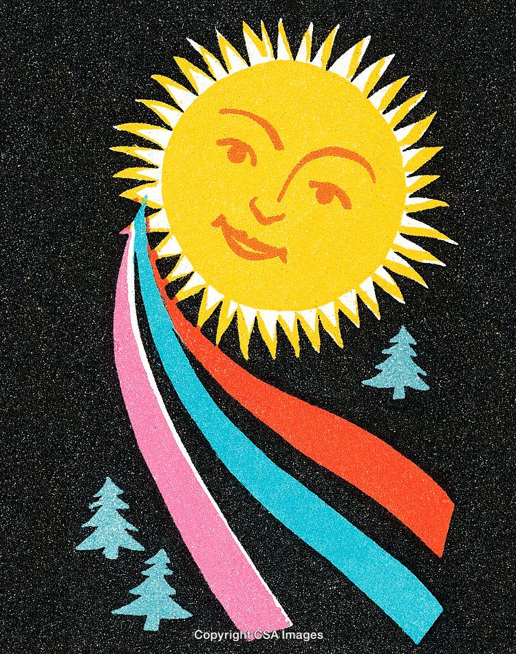 Smiling Sun Illustration with Vibrant Rays and Pine Trees Background