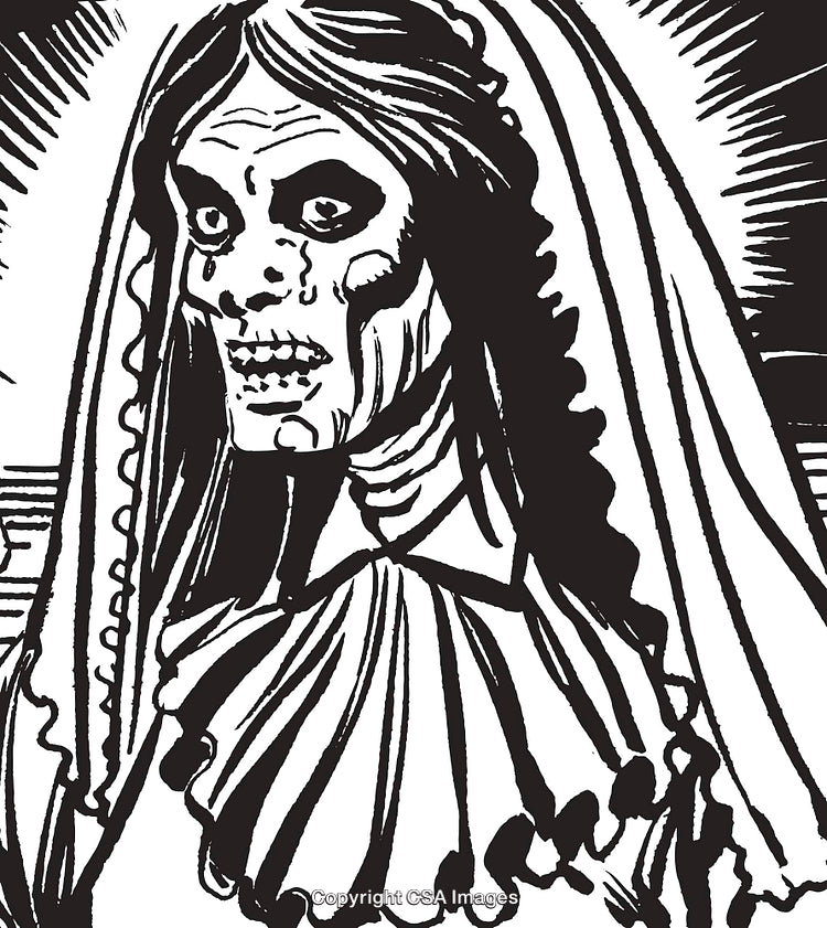 Monochrome Artwork of Skeletal Woman in a Traditional Dress
