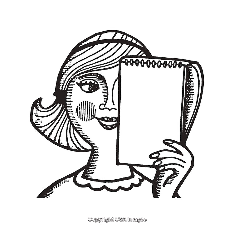 Black And White Line Art Illustration of Woman Holding a Notebook Page