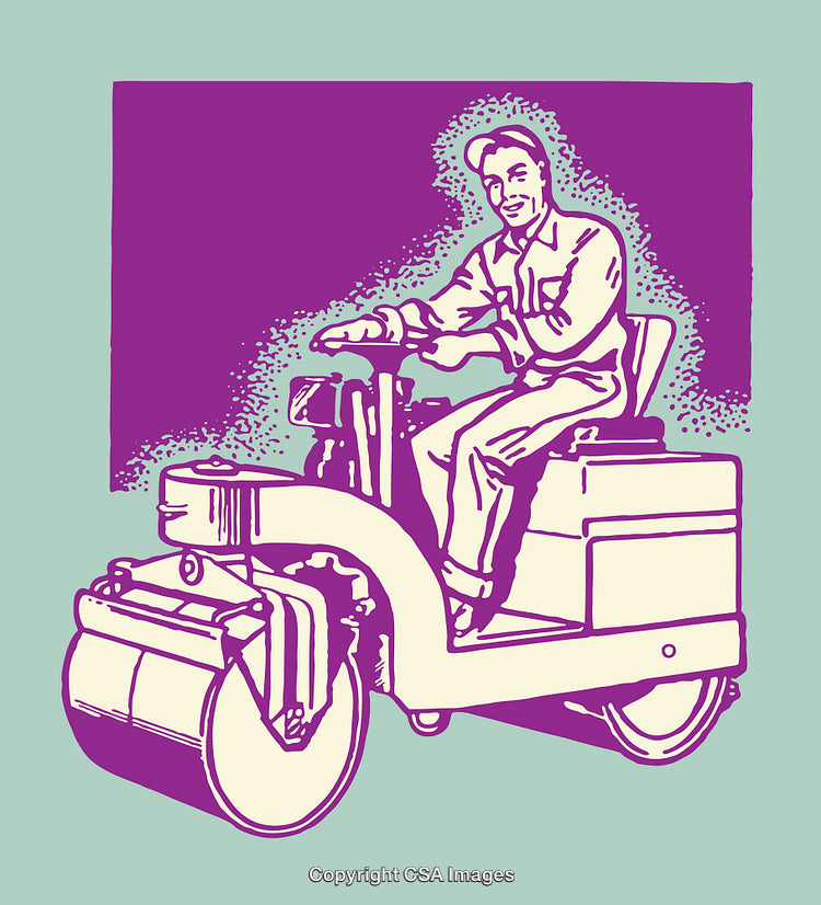 Colorful Illustration of a Worker Operating a Vibrant Construction Vehicle