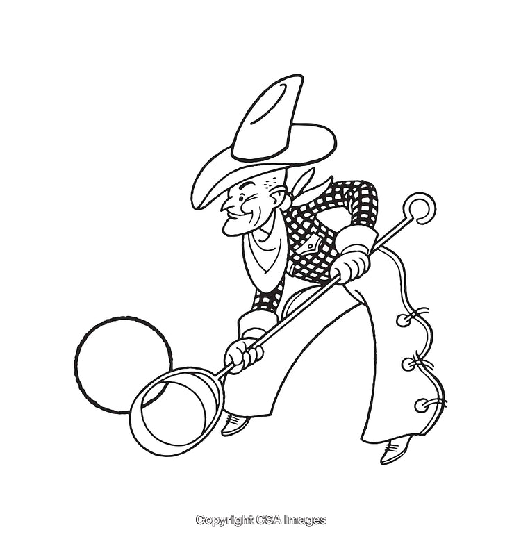 Black and White Line Art of a Cowboy Carrying a Lasso