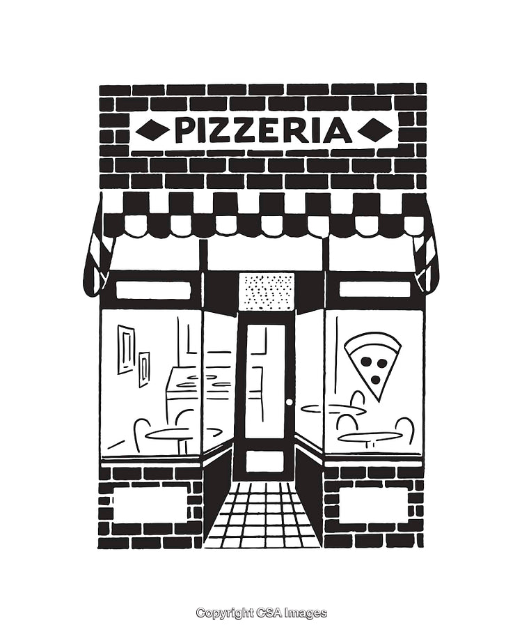 Black And White Line Art Illustration of a Cozy Pizzeria Storefront