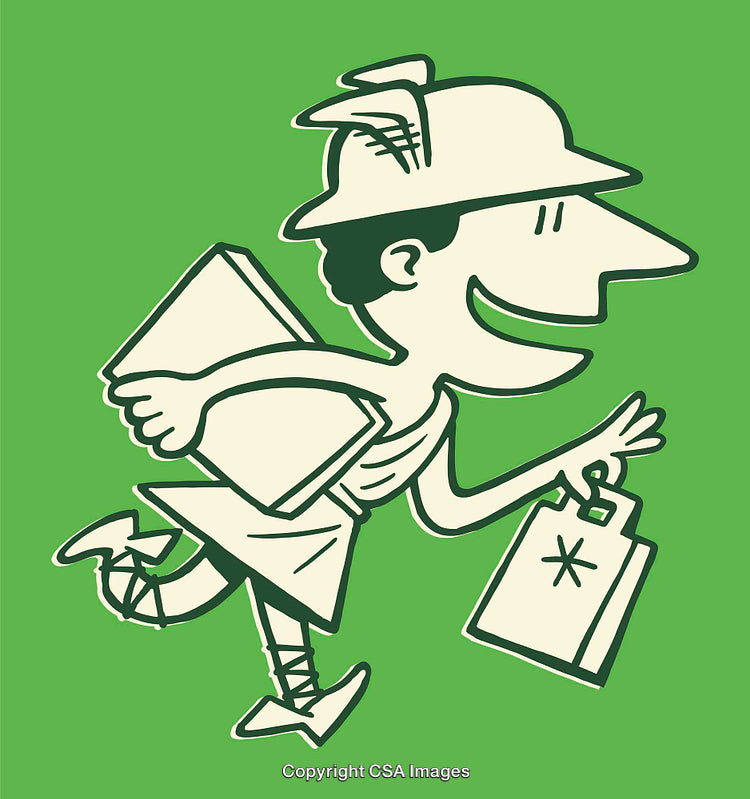 Cartoon Character Running While Carrying a Package and Clipboard