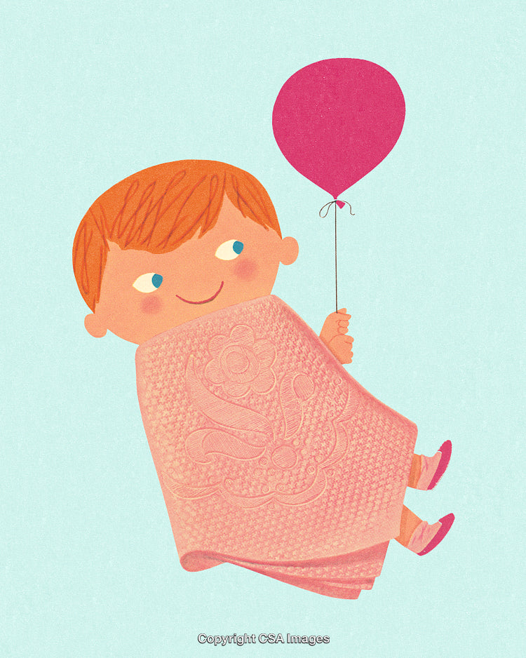 Cute Illustrated Child Holding Balloon with Playful Expression on Light Blue Background