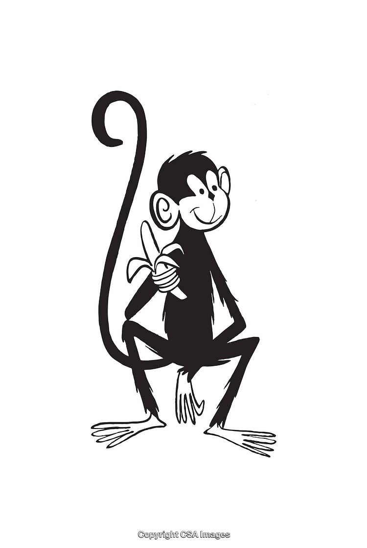 Cheerful Monkey Holding a Banana in Black and White Line Art