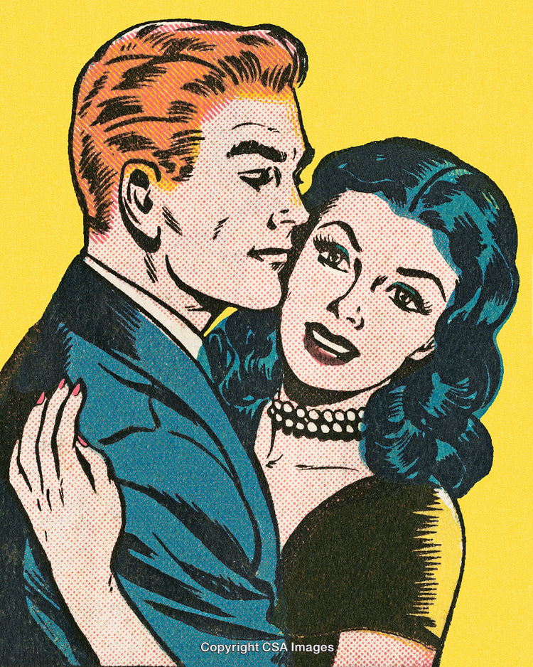 Vintage Comic Style Illustration of a Couple Embracing With Happy Expressions