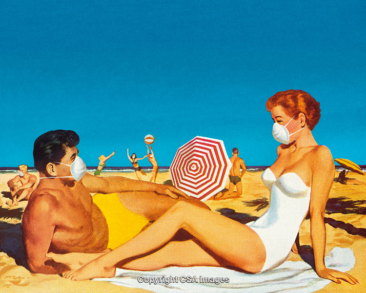 Retro Beach Scene with Face Masks in a Vintage Artistic Style