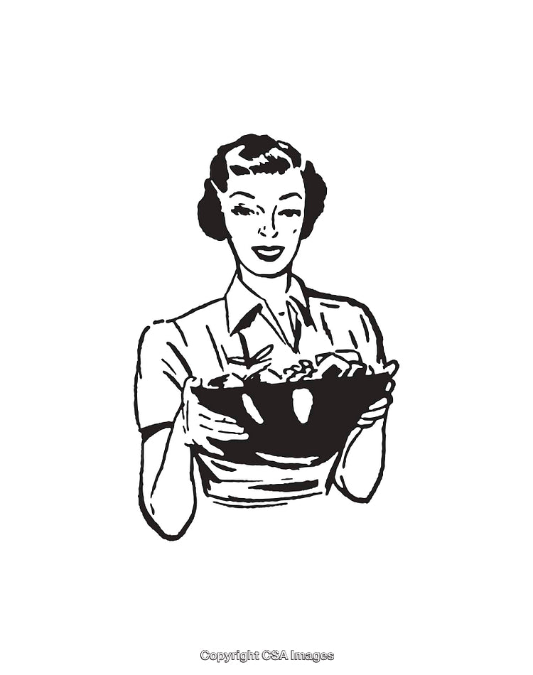 Vintage Line Art Woman Holding a Salad Bowl, Retro Illustration