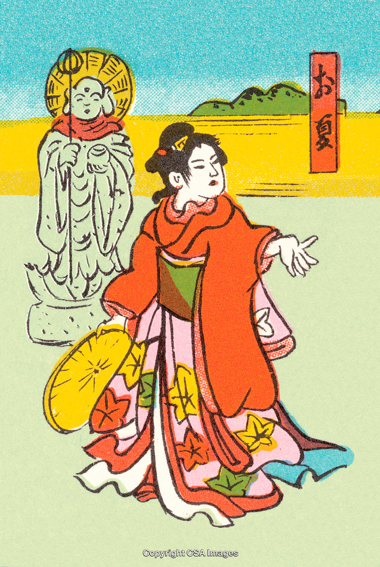 Traditional Japanese Woman and Statue in a Vibrant Cultural Scene Illustration