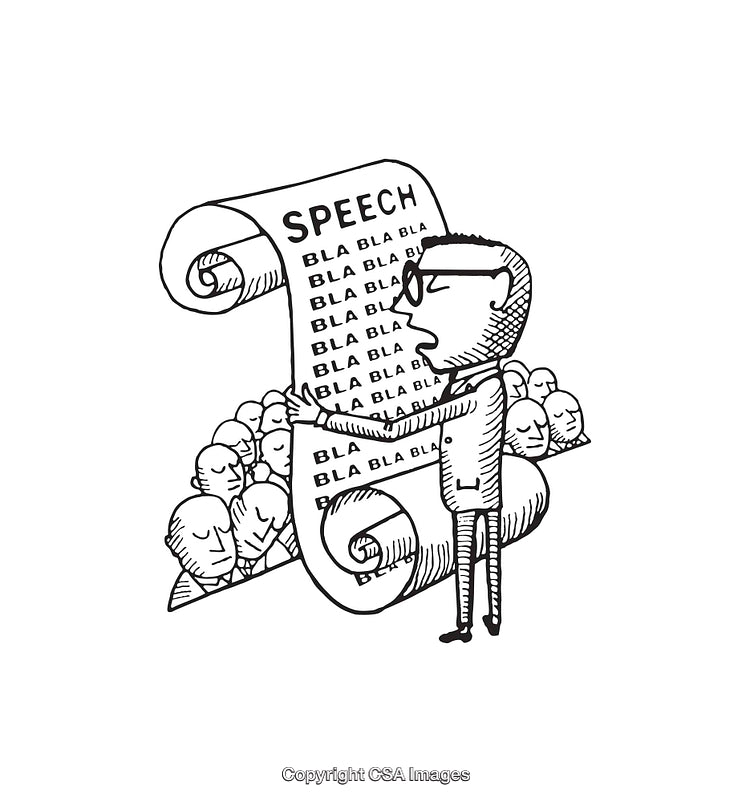 Cartoon Illustration of a Speaker Reading a Lengthy Speech to an Audience