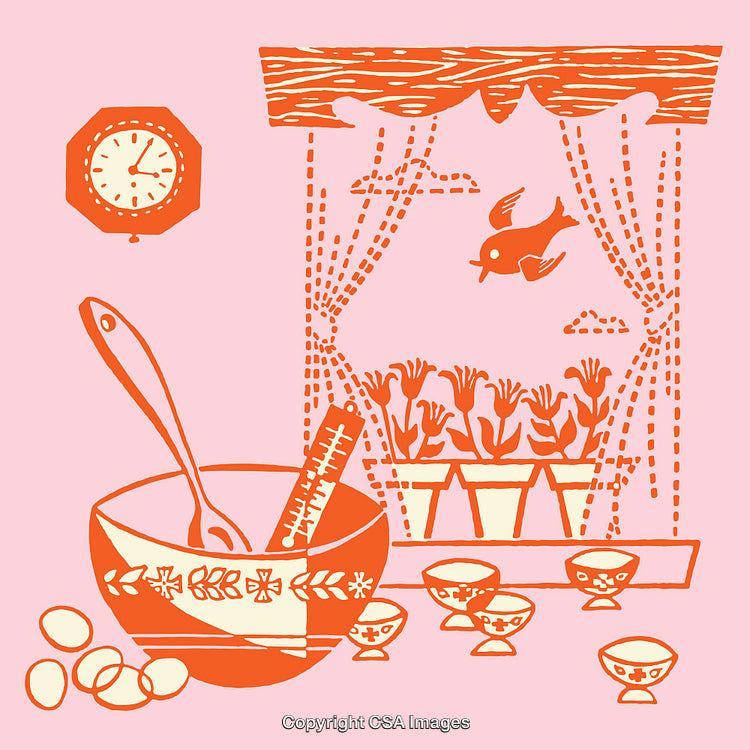 Vintage Illustration of a Kitchen Scene Showing Tools and Decorations