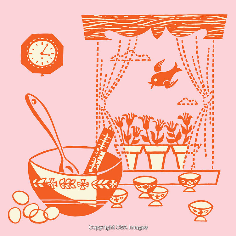 Vintage Illustration of a Kitchen Scene Showing Tools and Decorations
