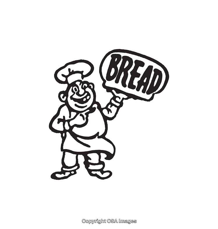 Chef Character Holding Bread Sign Line Art Illustration in Black and White
