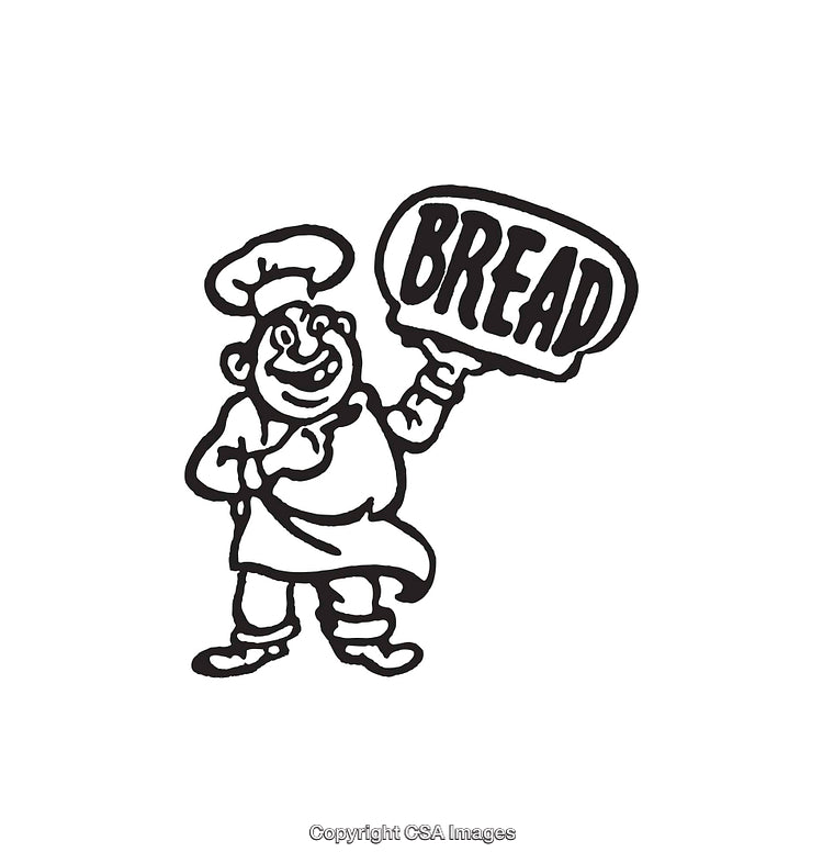 Chef Character Holding Bread Sign Line Art Illustration in Black and White