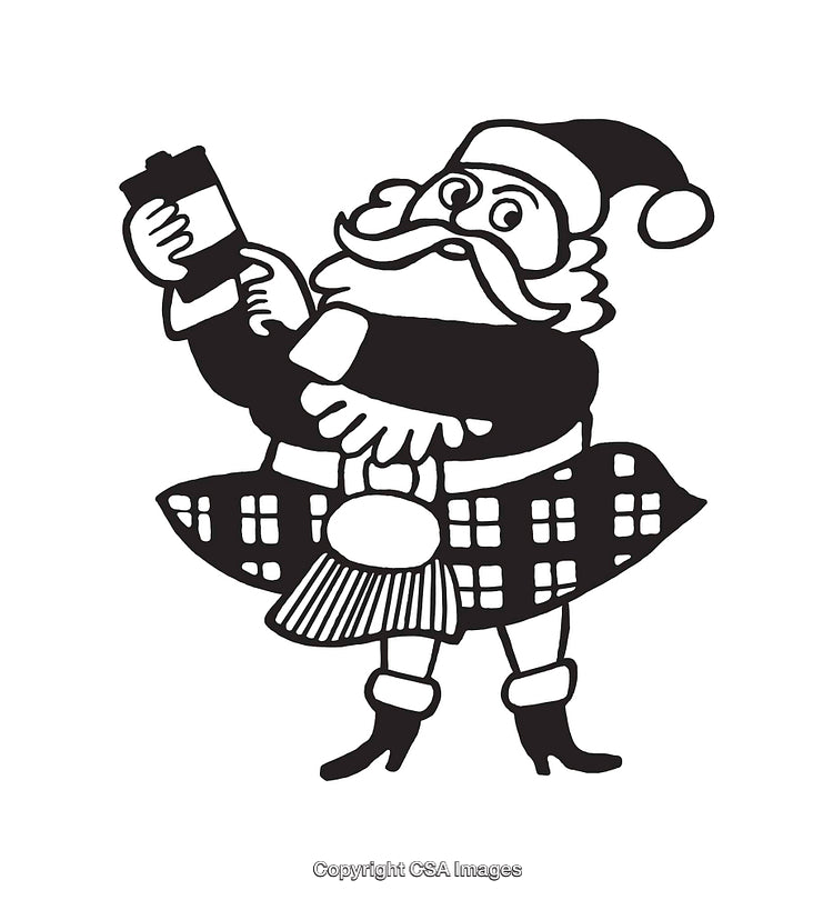 Santa Claus in Kilt Holding an Object in Black and White Illustration