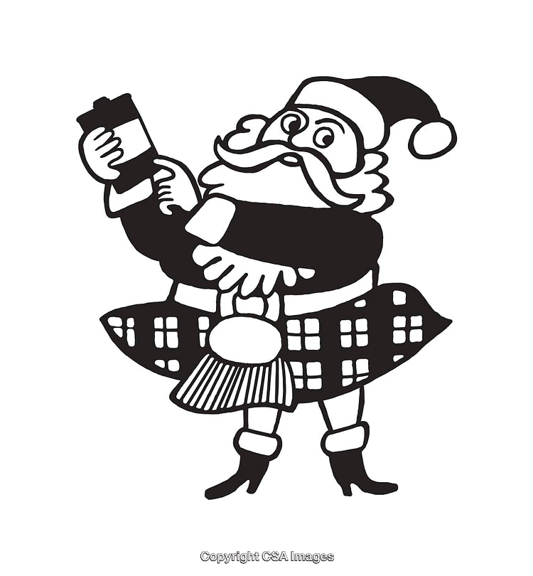 Santa Claus in Kilt Holding an Object in Black and White Illustration