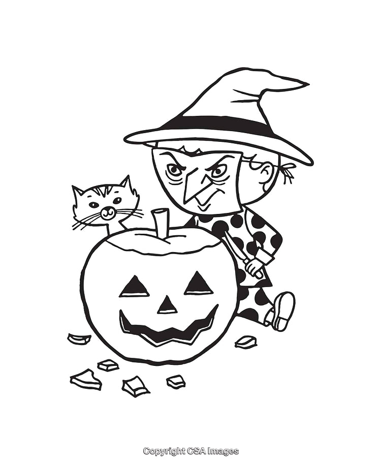 Black and White Line Drawing of a Witch, Pumpkin, and Cat