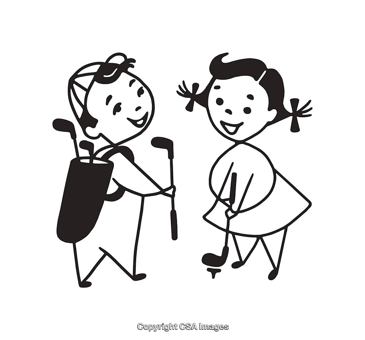 Children Playing Mini Golf in Black and White Line Art Illustration