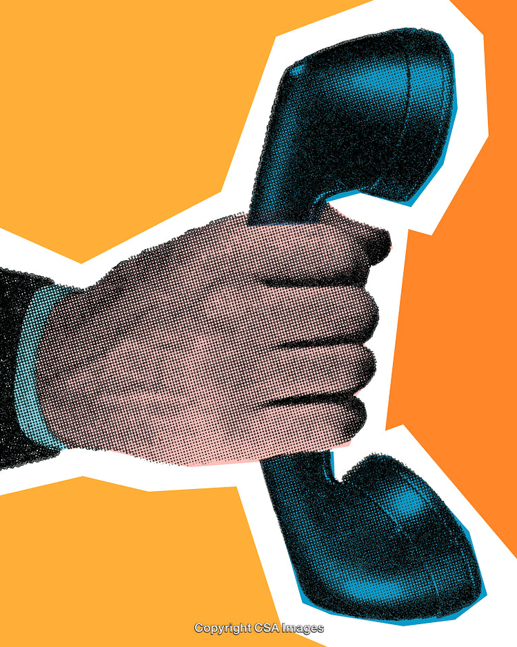 Pop Art Style Hand Holding Vintage Telephone on Bold Orange Background