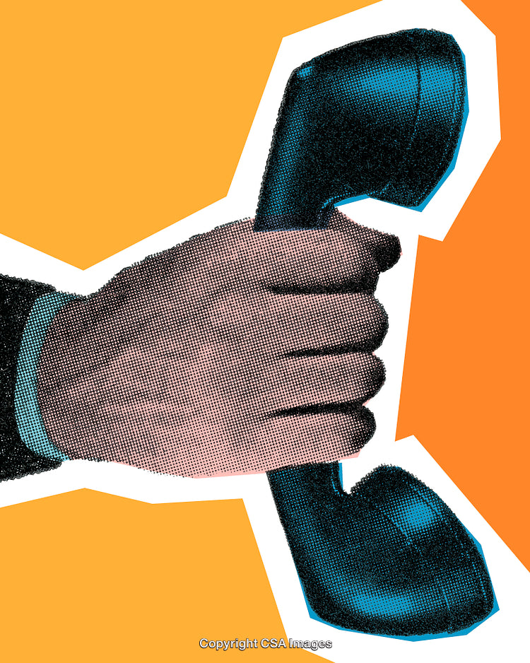Pop Art Style Hand Holding Vintage Telephone on Bold Orange Background