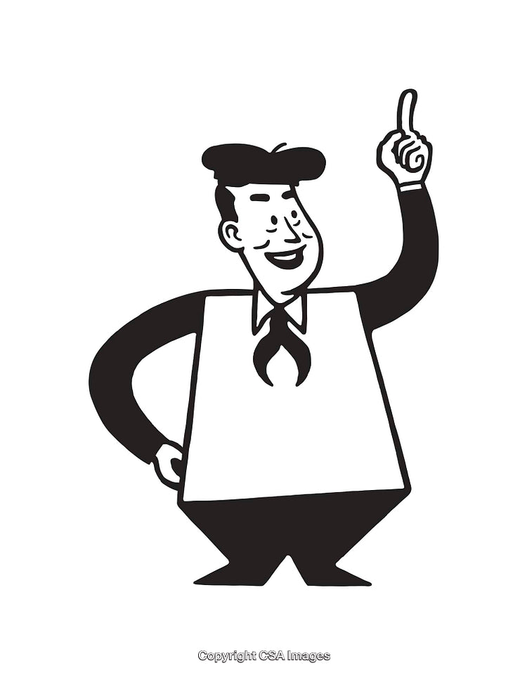 Retro Style Line Art Illustration of Smiling Man Pointing Up