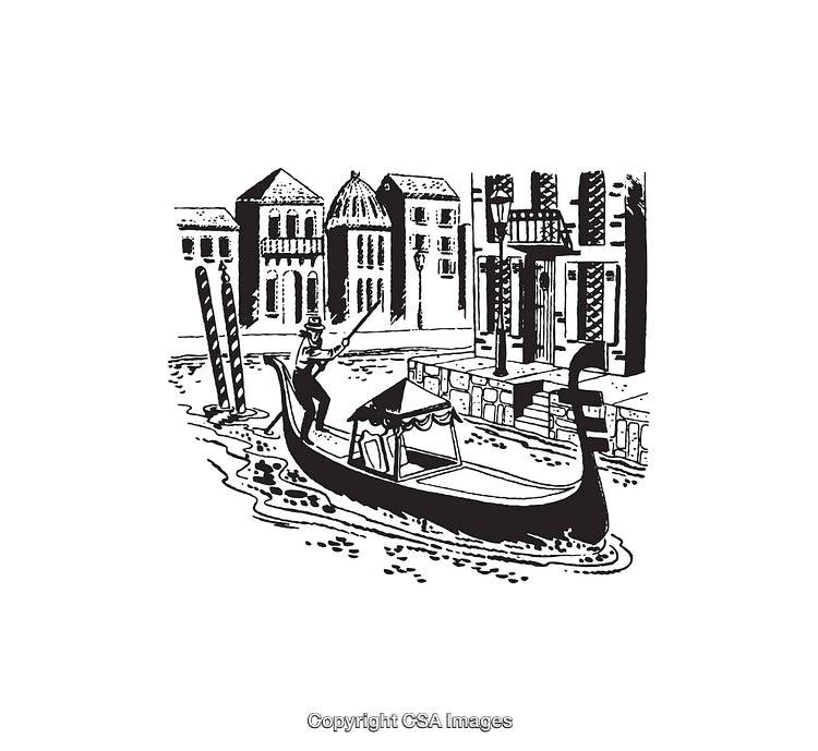 Black And White Line Art of a Gondola in Venetian Canal