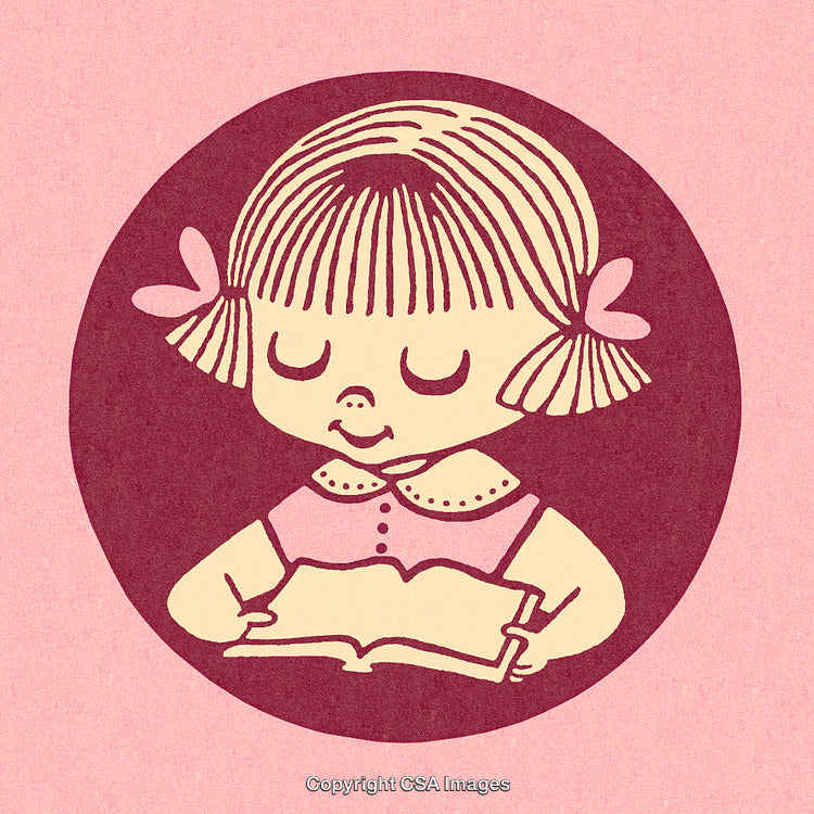 Illustration of a Smiling Girl Reading a Book in a Circular Design