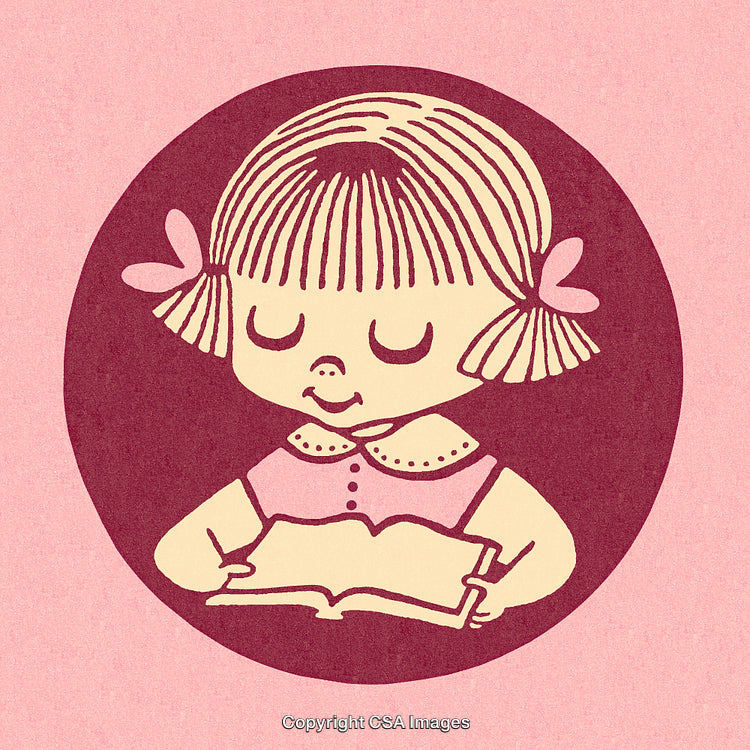 Illustration of a Smiling Girl Reading a Book in a Circular Design