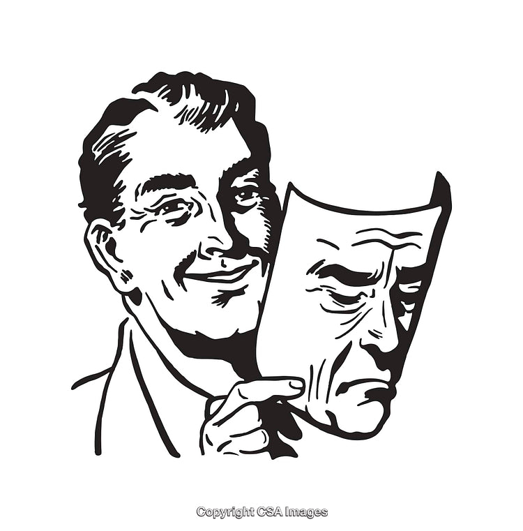 Vintage Line Art of Man Holding a Sad Mask and Smiling
