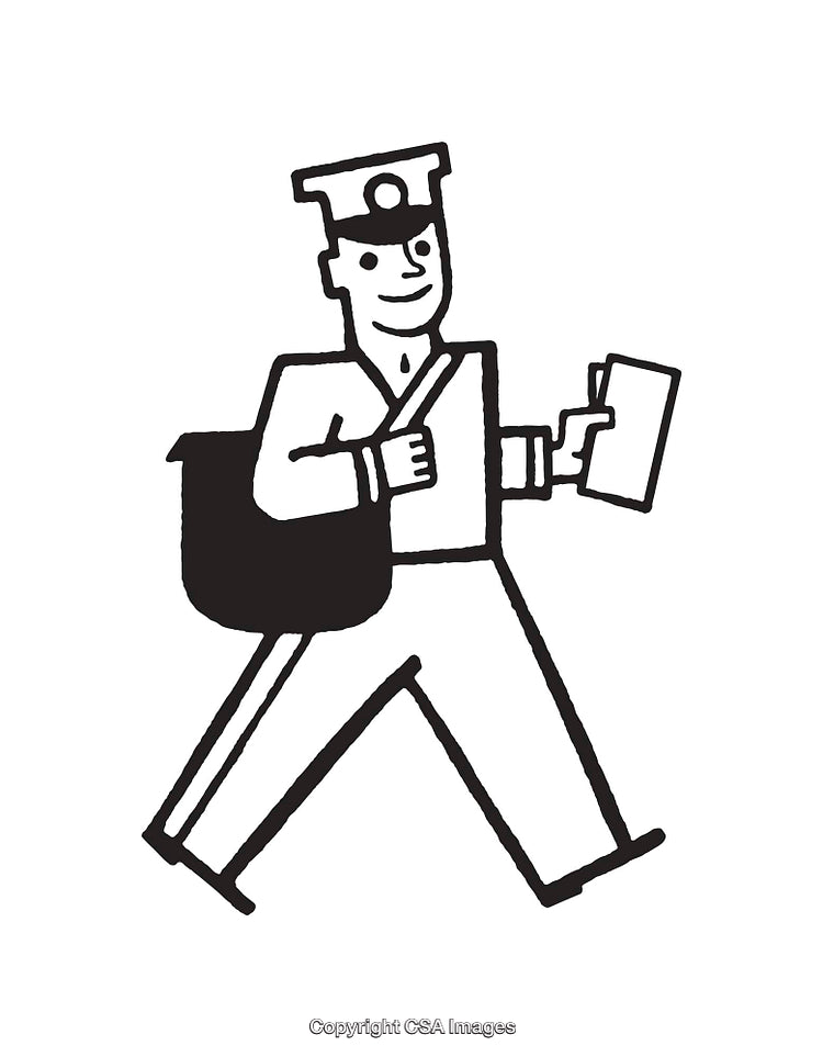 Vintage Black and White Illustration of a Friendly Mail Carrier
