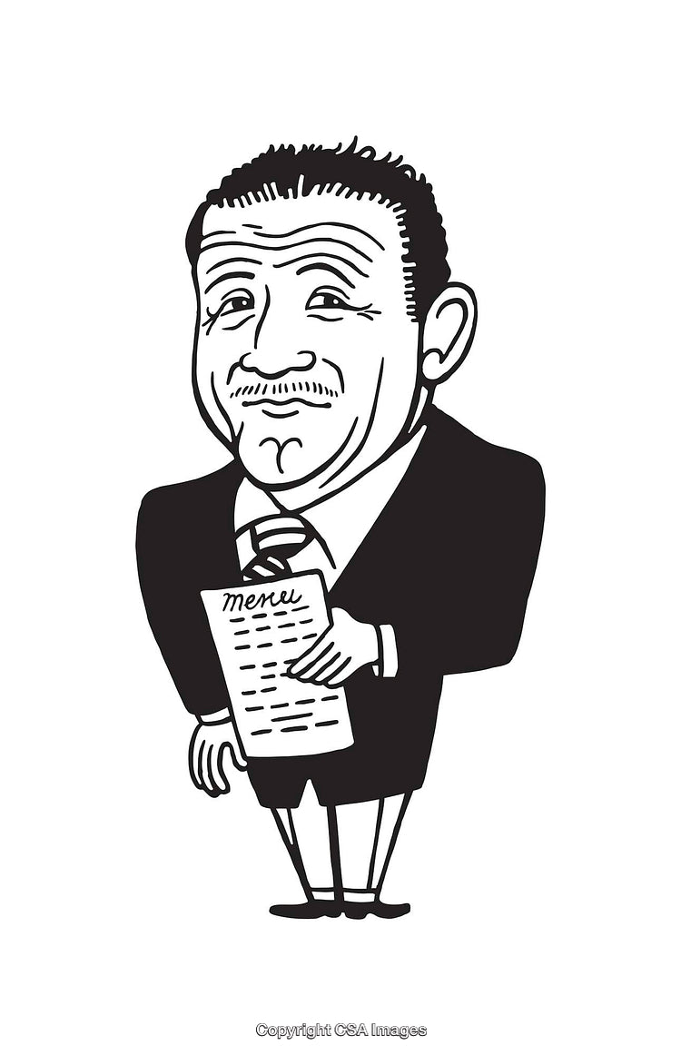 Black and White Line Art of Cheerful Character Holding a Menu