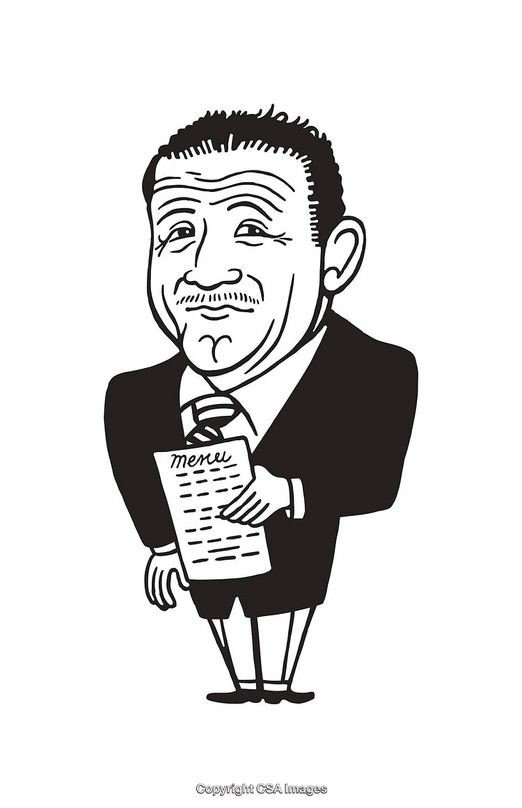 Black and White Line Art of Cheerful Character Holding a Menu