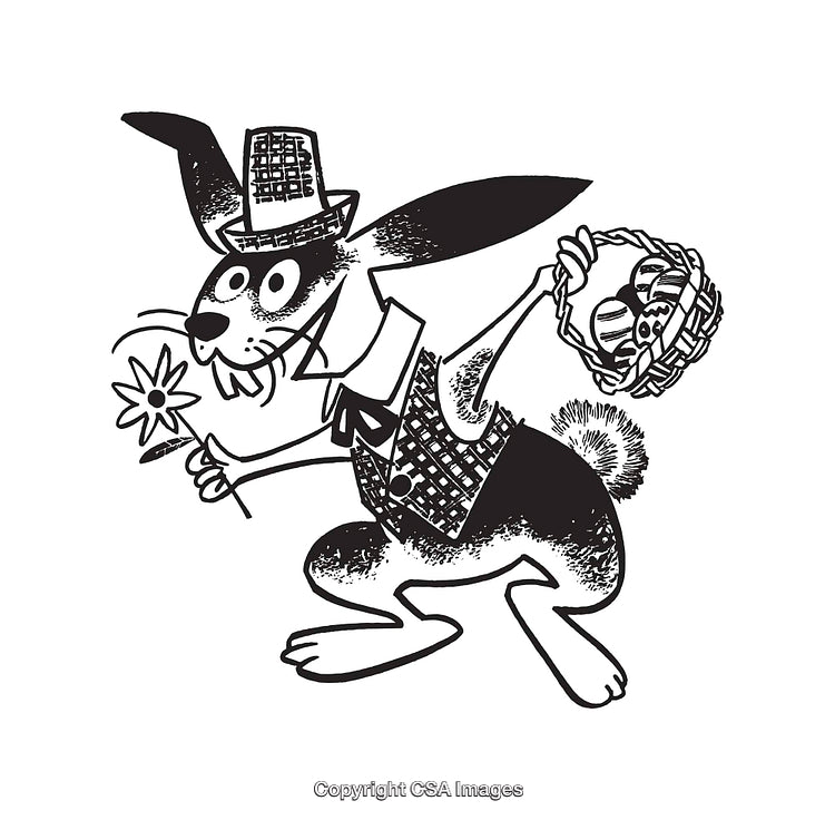 Retro Illustration of Easter Bunny Carrying Basket and Flower